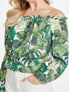 Guess| Off-Shoulder Green Tropical Leaf Print Blouse Sz L